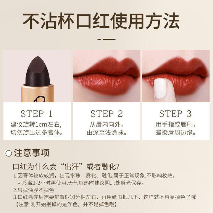 QXQY黑奢绒光不沾杯口红哑光防水豆沙色显色气质丝绒唇膏厂家代发