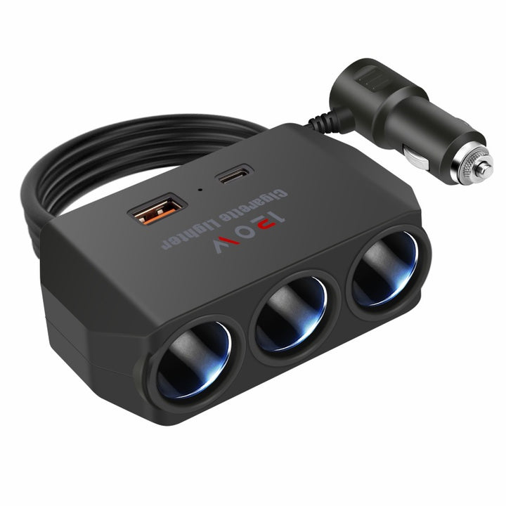 Type-C Car Charger 3-in-1 Fast Charging – Cigarette Lighter Adapter with USB Expansion PD+