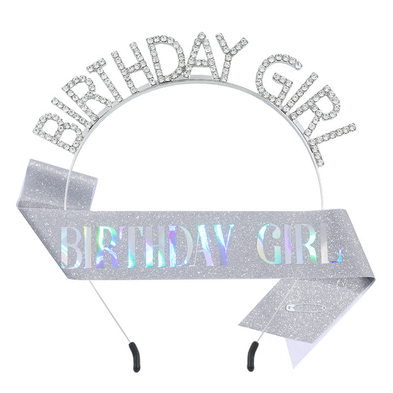 时尚水钻发箍肩带BIRTHDAY GIRL套装 女孩生日装饰腰带派对礼物