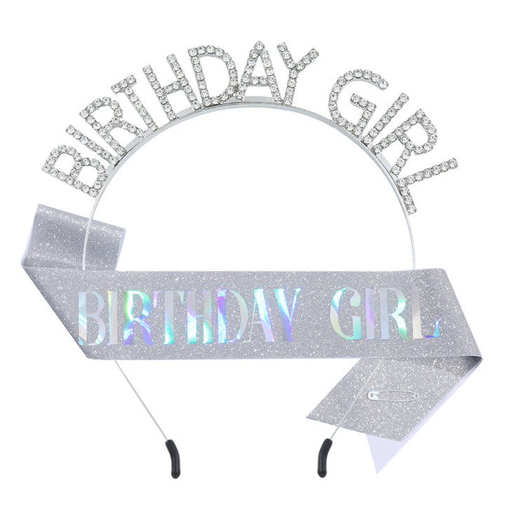 时尚水钻发箍肩带BIRTHDAY GIRL套装 女孩生日装饰腰带派对礼物