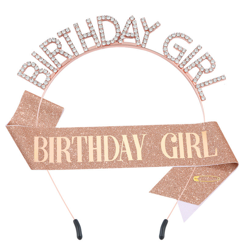 时尚水钻发箍肩带BIRTHDAY GIRL套装 女孩生日装饰腰带派对礼物
