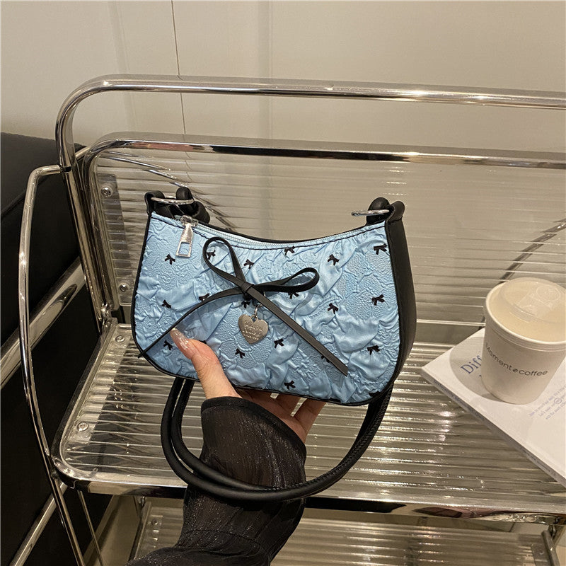 韩系甜美泡泡纱蝴蝶结腋下包包女高级感黑粉撞色单肩斜挎包通勤包