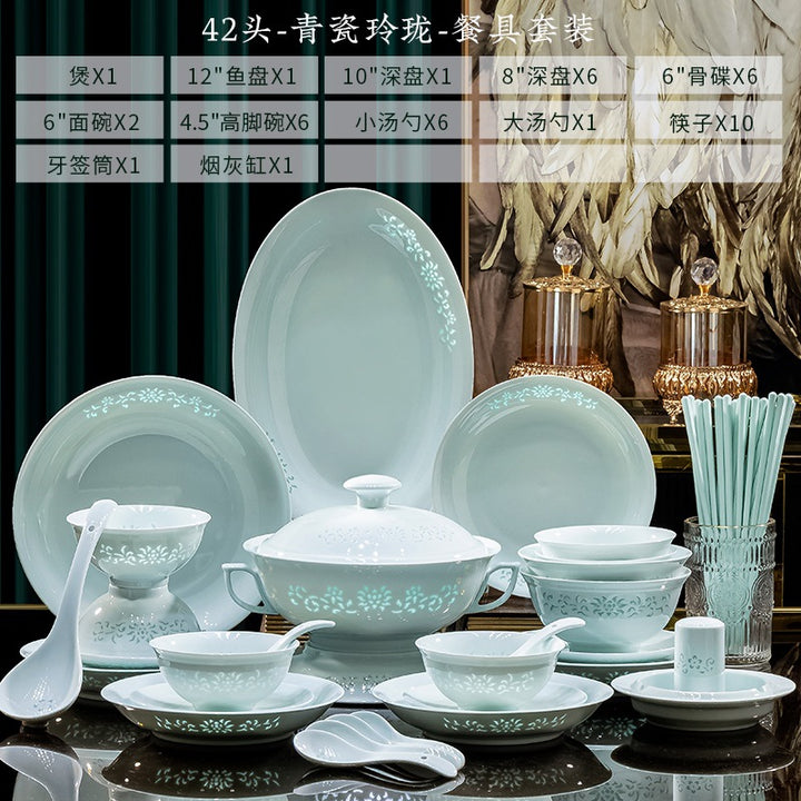 景德镇釉下彩碗碟餐具批发高温白瓷玲珑轻奢碗盘套装家用组合送礼