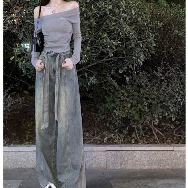 美式窄版阔腿牛仔裤女秋季新款高腰绑带设计感宽松显瘦拖地裤子潮