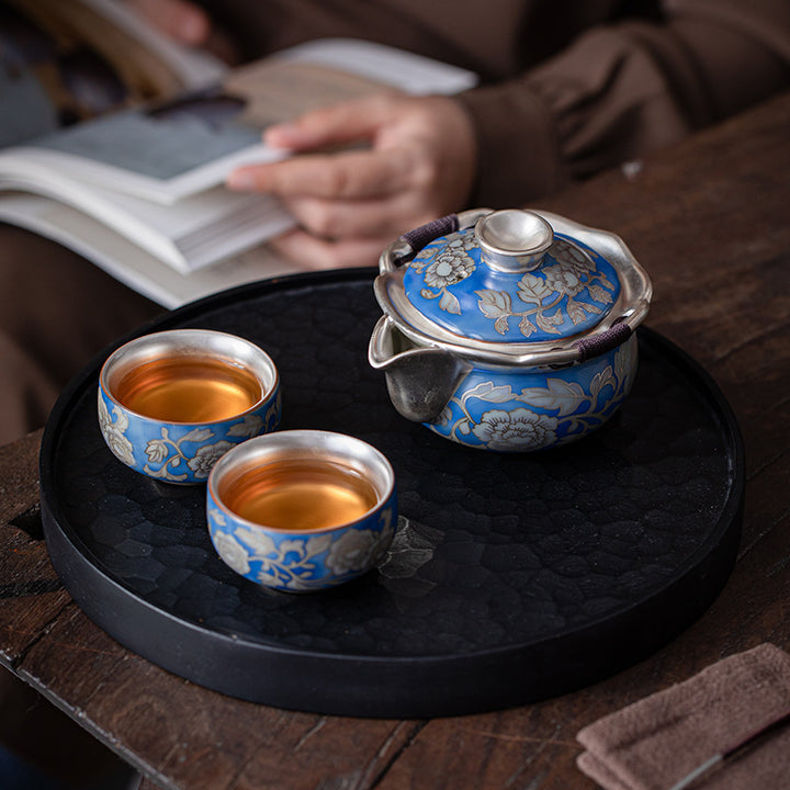 999鎏银 元青花手抓壶功夫茶具高档一壶两杯送长辈父亲老师伴手礼