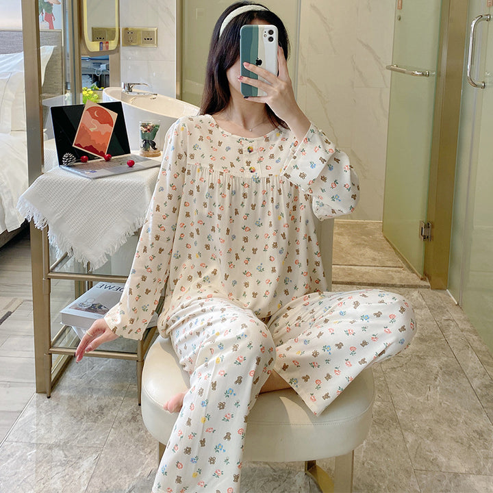 依妮衫人棉绸长袖睡衣女爆款女士家居服夏季长袖人棉套装一件代发