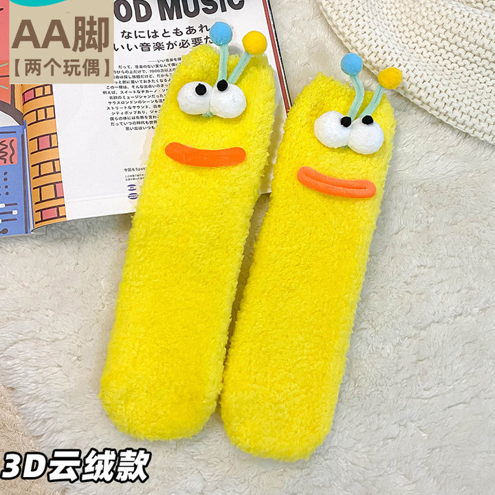 袜子女丑萌搞怪秋冬地板睡眠袜家居毛毛茸茸可爱保暖情侣袜中筒袜
