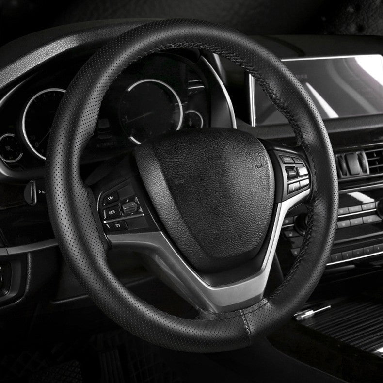Steering Wheel Cover Top Layer Cowhide Moisture Wicking Breathable Durable Non Slip All Season Universal Gri