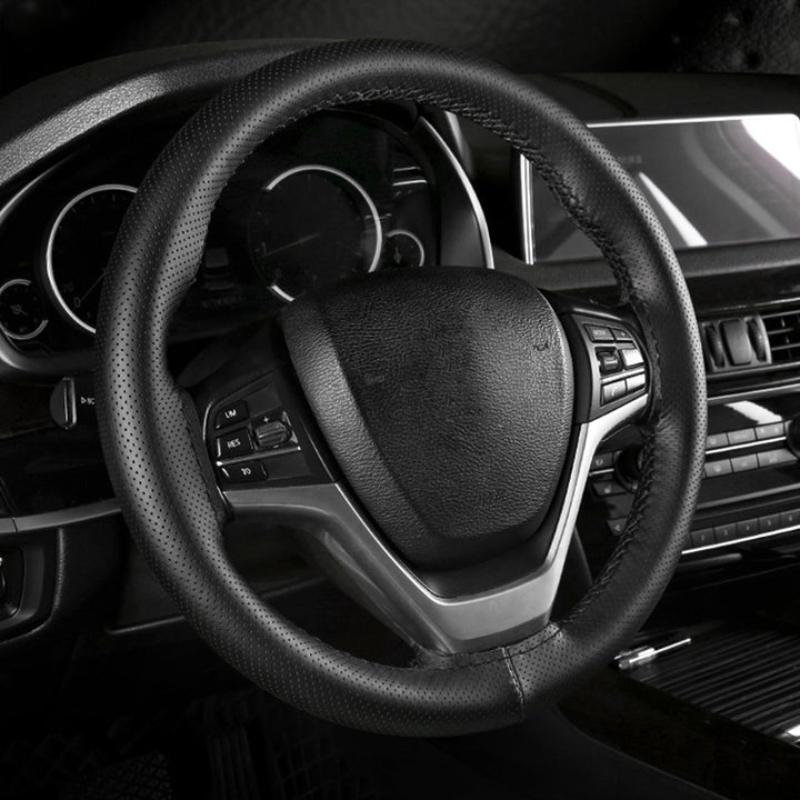 Steering Wheel Cover Top Layer Cowhide Moisture Wicking Breathable Durable Non Slip All Season Universal Gri