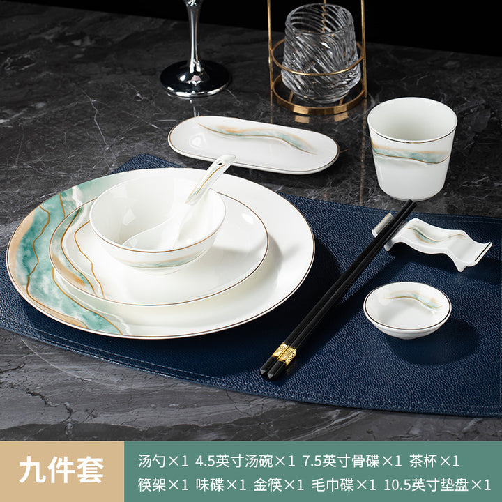 高档酒店摆台骨瓷餐具套装饭店会所私房菜包厢招待金边碗碟四件套
