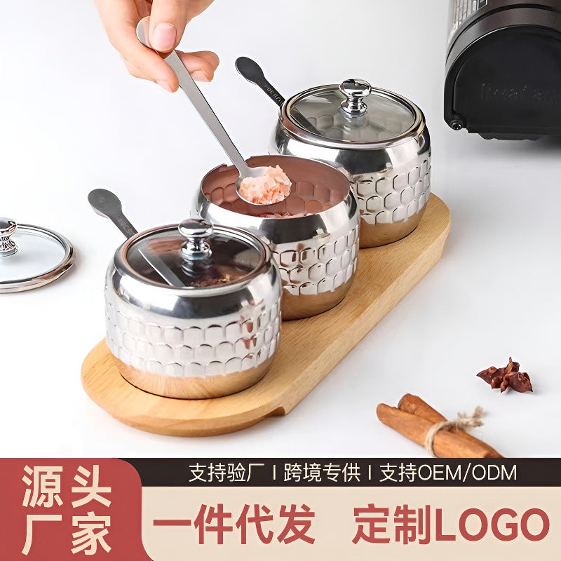 304不锈钢调味罐套装厨房盐味精香料收纳盒家用可视盖带勺调料盒