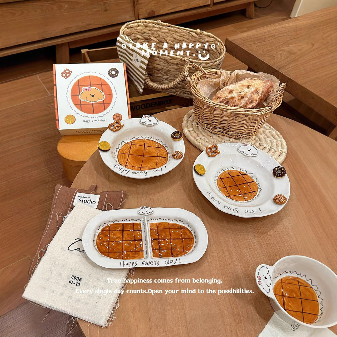 焦糖小狗餐具家用釉下彩陶瓷碗盘套装特别好看的盘子西餐盘分格盘