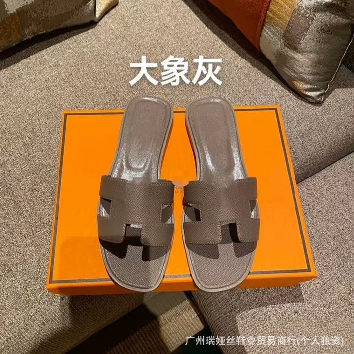 外贸批发经典H女鞋平底居家一字平跟沙滩休闲凉鞋外穿百搭泡沫