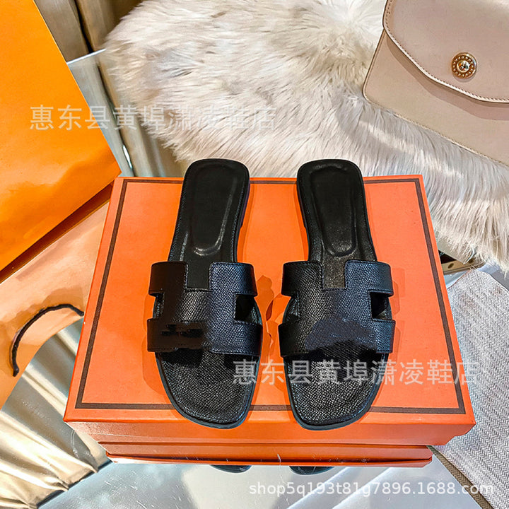 跨境外贸经典H拖鞋羊皮平底女拖鞋沙滩一字拖鞋女士凉拖鞋