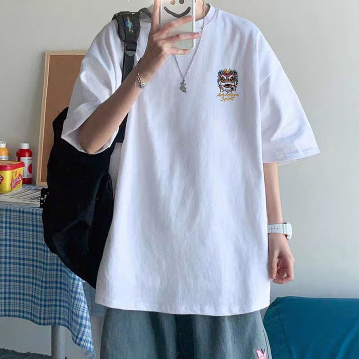 纯棉短袖高级感T恤男港风潮牌大码圆领体恤青少年五分袖厂家直销