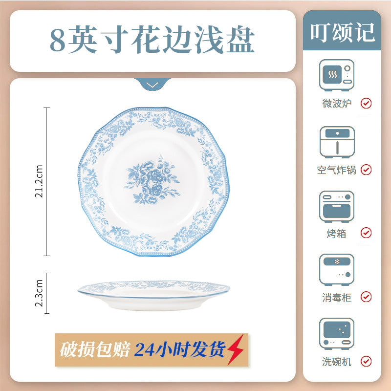 KANGMO Vintage Blue Floral Ceramic Set - Premium Rice Bowls & Soup Noodle Bowls