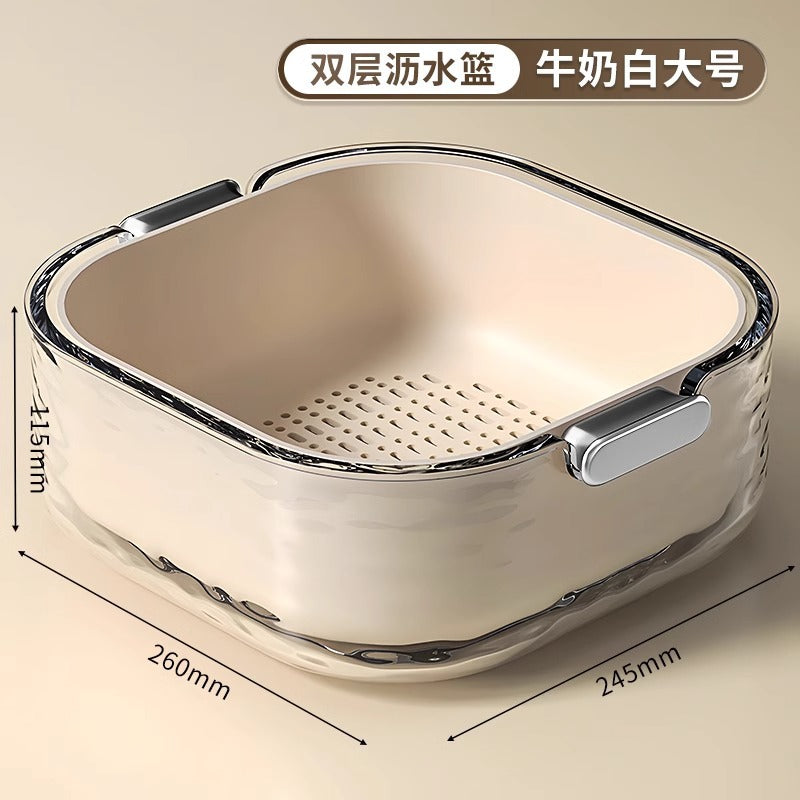 双层洗菜盆沥水篮六件套厨房客厅家用洗水果盘简约塑料淘菜菜篮子