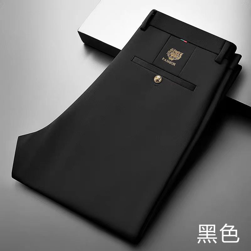 男士休闲裤秋冬加绒虎头修身弹力西裤男商务裤子男商务直筒男长裤