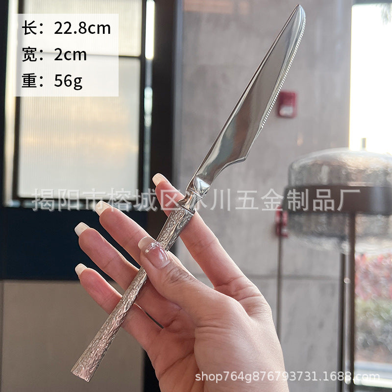 欧式轻奢小蛮腰 304不锈钢锤纹刀勺叉家用餐厅餐匙牛排意面三件套