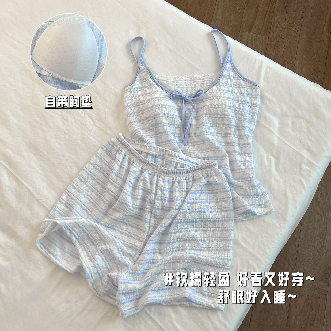 带胸垫睡衣女2026年新款夏季薄款甜美性感夏天吊带短裤家居服套装