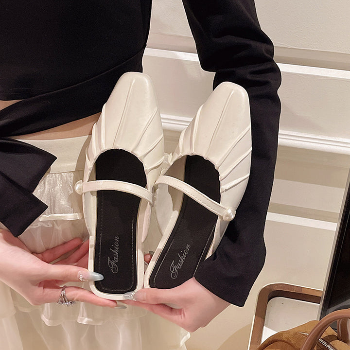 包头拖鞋女2025夏季温柔仙女风百搭配裙褶皱浅口芭蕾平底半包拖鞋