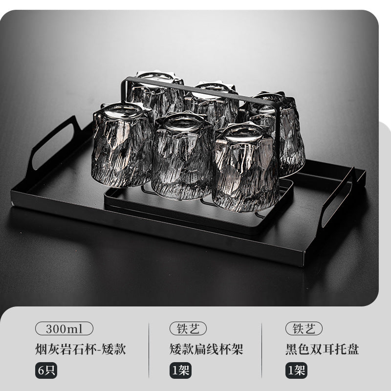 家用水杯套装复古浮雕冰川玻璃杯子水杯高级感茶水杯啤酒杯子