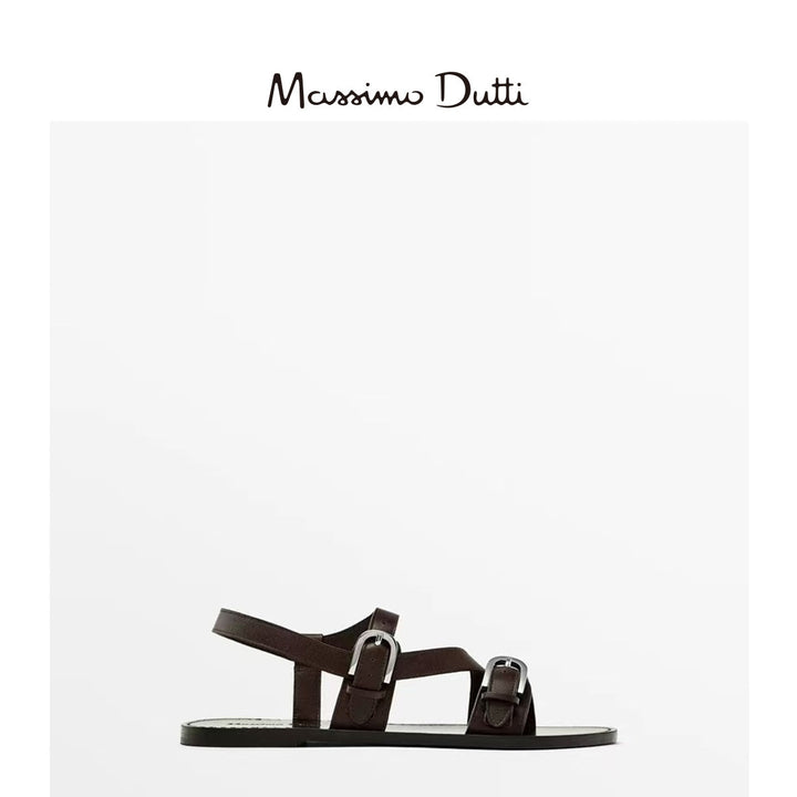 Massimo Dutti2026春夏新品女鞋真皮棕色金属扣饰交叉带平底凉鞋