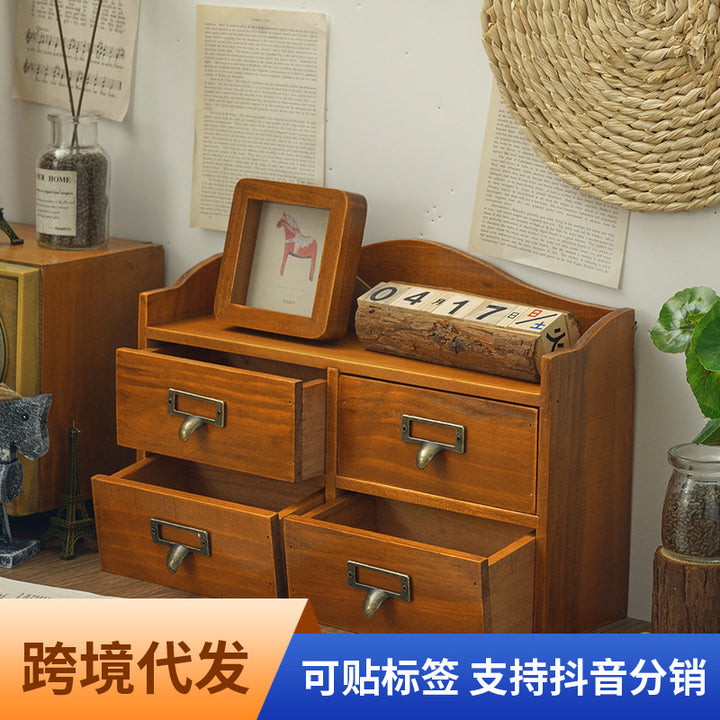 复古风木质护肤品整理盒梳妆台化妆品桌面抽屉式收纳盒粉饼收纳