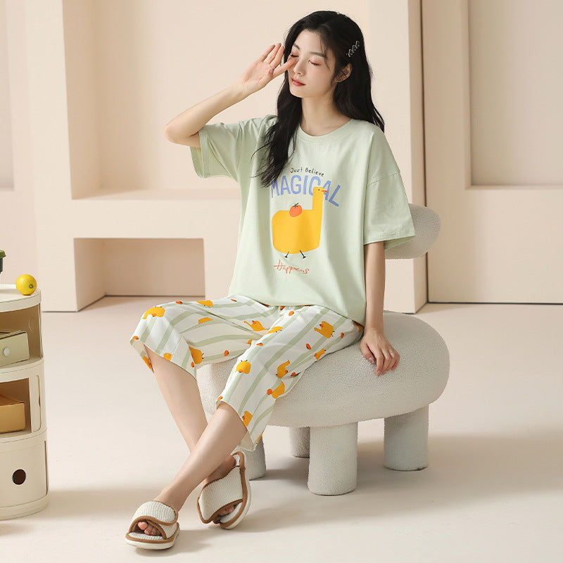 【7A抗菌】睡衣女春夏款纯棉短袖七分裤薄款夏季家居服可外穿套装