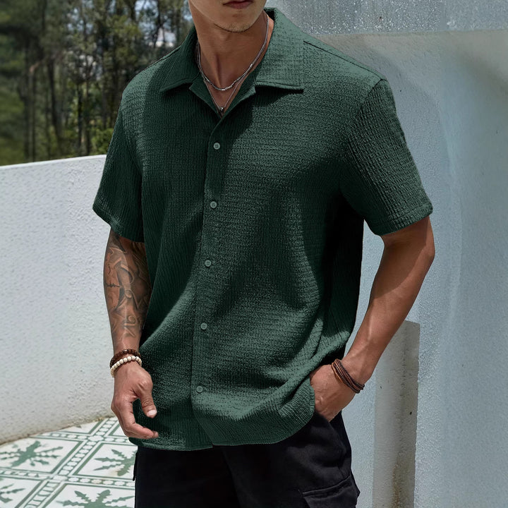 跨境欧美亚马逊夏季男士新款翻领复古短袖衬衫上衣度假休闲衬衫男