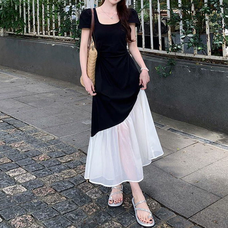 Plus Size French Short Sleeve Dress – Slim Waist Hepburn Style Color Block Midi Dress