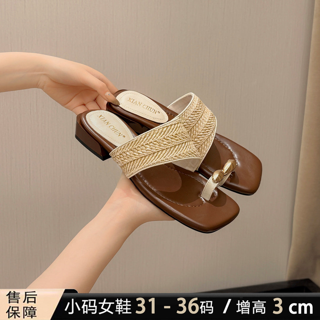 小码女鞋313233夏季度假风编织夹趾拖鞋外穿复古新款凉拖鞋高级感