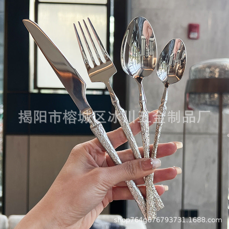 欧式轻奢小蛮腰 304不锈钢锤纹刀勺叉家用餐厅餐匙牛排意面三件套