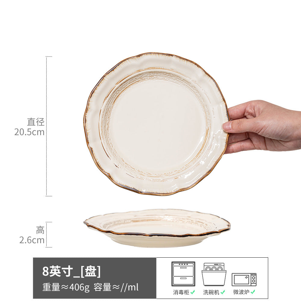 法式盘子家用复古花边甜品碟陶瓷餐盘套装沙拉盘ins风餐具批发盘