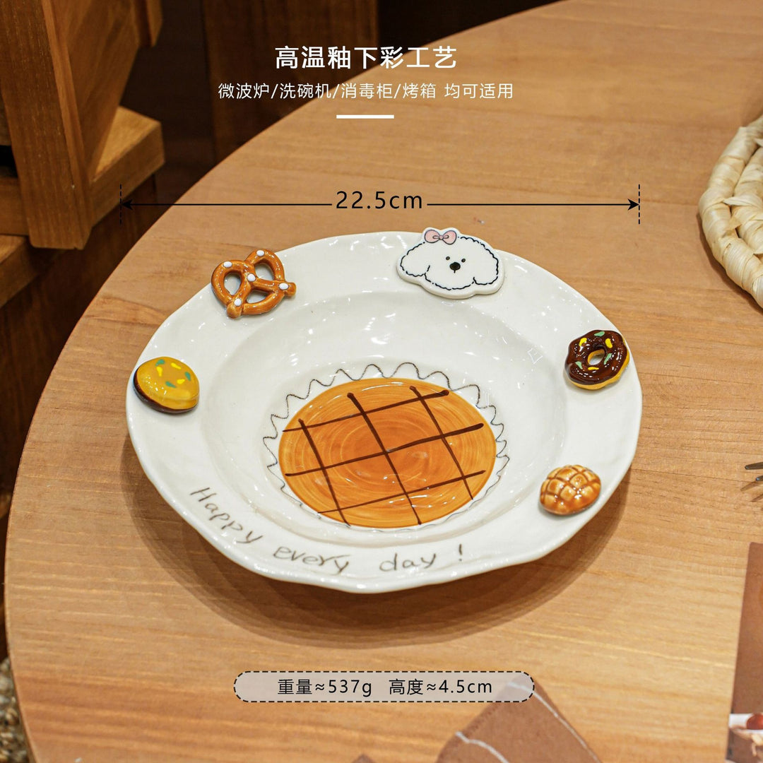 焦糖小狗餐具家用釉下彩陶瓷碗盘套装特别好看的盘子西餐盘分格盘