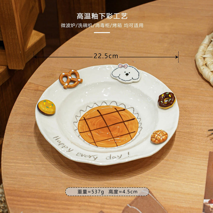 焦糖小狗餐具家用釉下彩陶瓷碗盘套装特别好看的盘子西餐盘分格盘