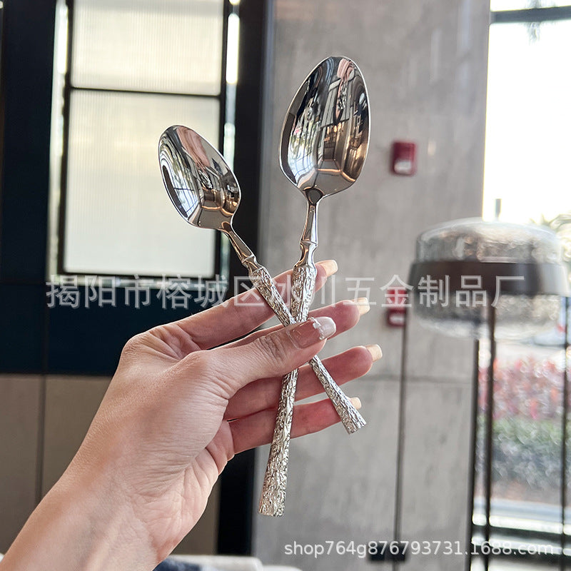 欧式轻奢小蛮腰 304不锈钢锤纹刀勺叉家用餐厅餐匙牛排意面三件套