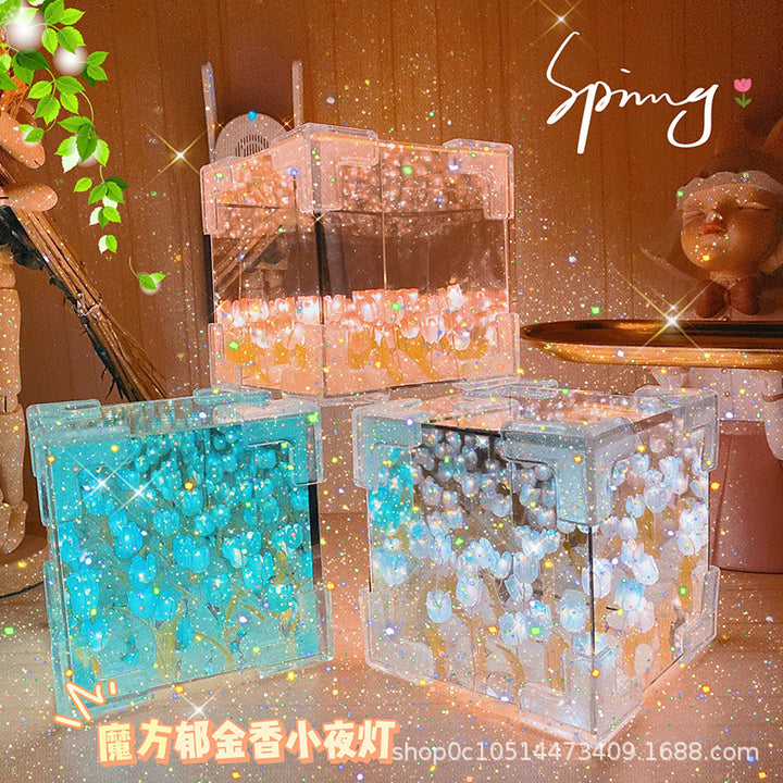 七夕礼物郁金香花小夜灯手工 diy海魔方立体镜子创意女朋友闺蜜