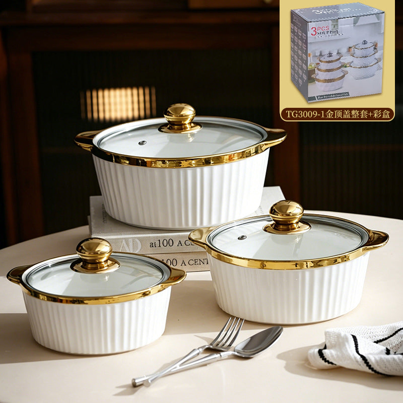 Gold Rim Large Soup Tureen with Lid – European Style Double Handle Serving Bowl