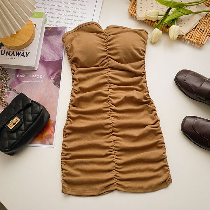 Sexy Strapless Ruched Bodycon Mini Dress – Slim Waist Sleeveless Hot Girl Summer Dress