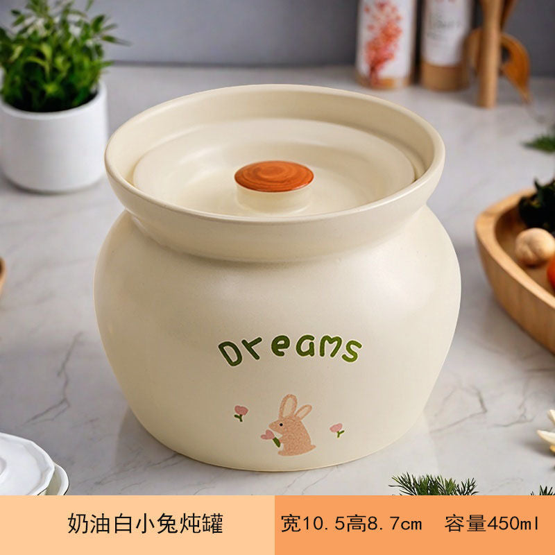 新款奶油白小动物炖罐耐高温加厚陶瓷炖盅简约设计隔水蒸煮一人份