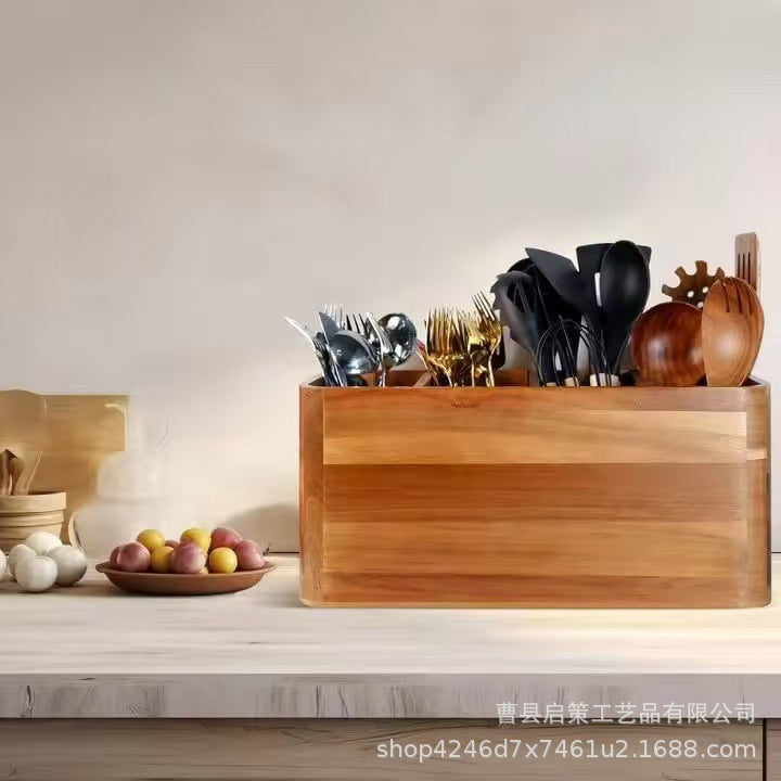 木制餐具整理盒厨房分格餐厅刀叉收纳盒实木桌面烹饪工具储物盒