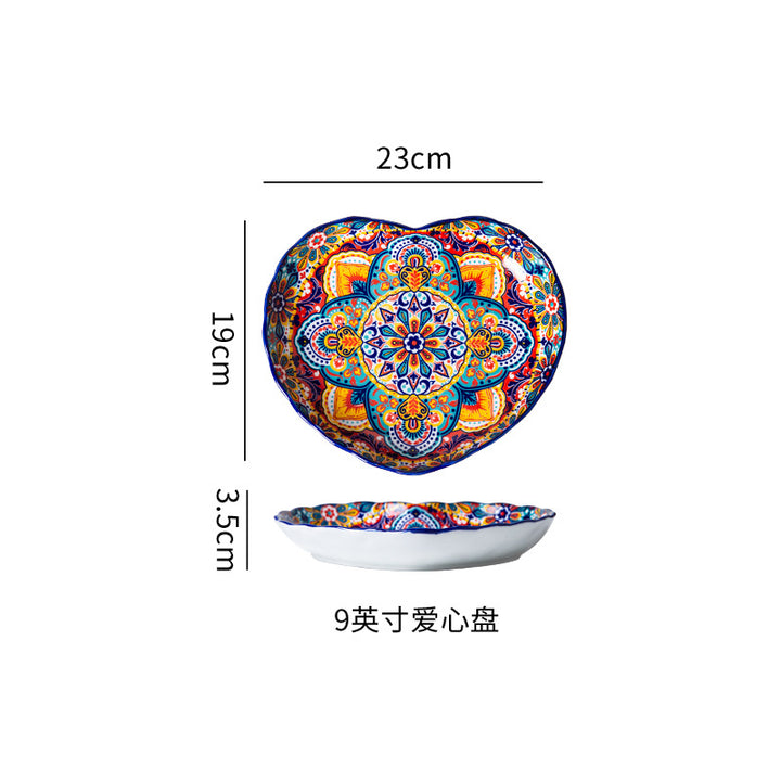 波西米亚陶瓷碗碟套装釉下彩饭碗家用复古双耳汤面碗高级感菜盘子