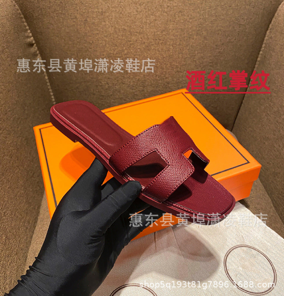跨境外贸经典H拖鞋羊皮平底女拖鞋沙滩一字拖鞋女士凉拖鞋