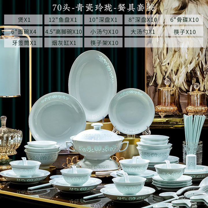 景德镇釉下彩碗碟餐具批发高温白瓷玲珑轻奢碗盘套装家用组合送礼