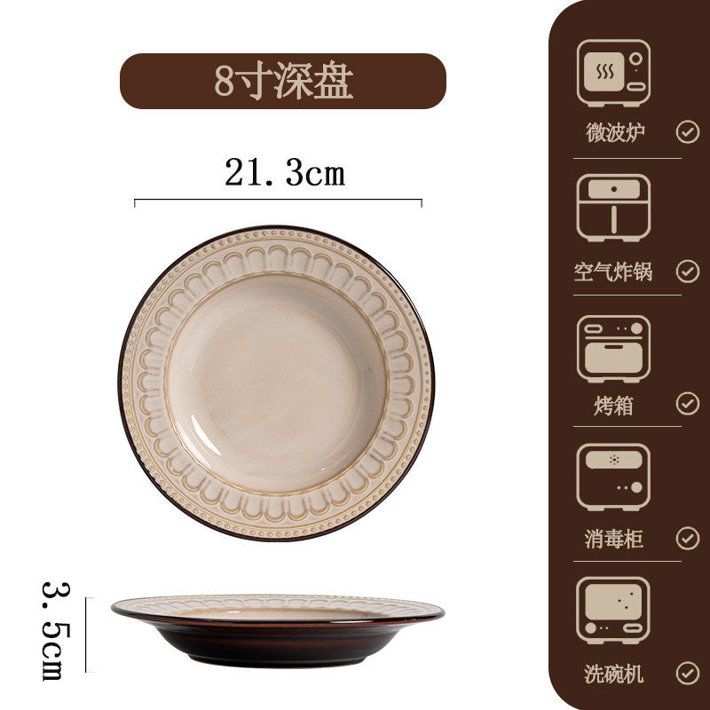 欧式复古罗马纹碗碟套装家用创意陶瓷餐具饭碗菜盘子釉下彩乔迁礼