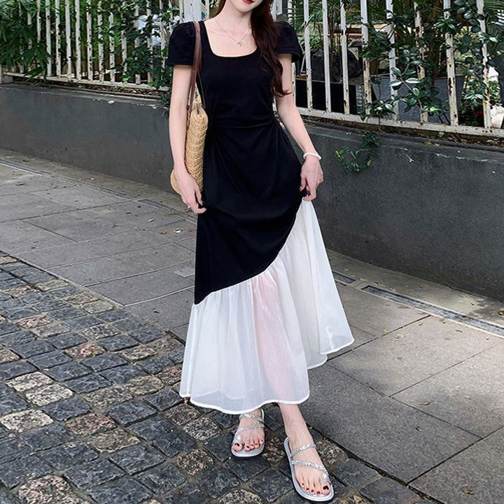 Plus Size French Short Sleeve Dress – Slim Waist Hepburn Style Color Block Midi Dress