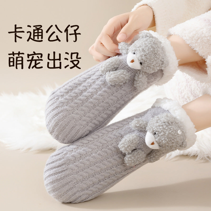 地板袜女冬季加绒加厚保暖羊羔绒可爱小熊春秋款居家睡觉暖脚短袜