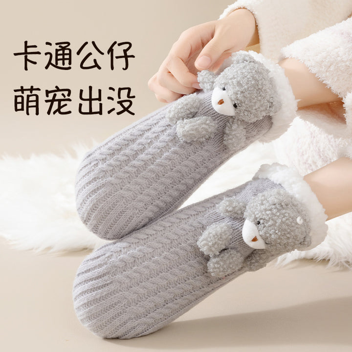 地板袜女冬季加绒加厚保暖羊羔绒可爱小熊春秋款居家睡觉暖脚短袜