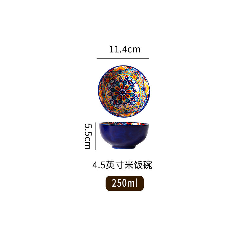 波西米亚陶瓷碗碟套装釉下彩饭碗家用复古双耳汤面碗高级感菜盘子